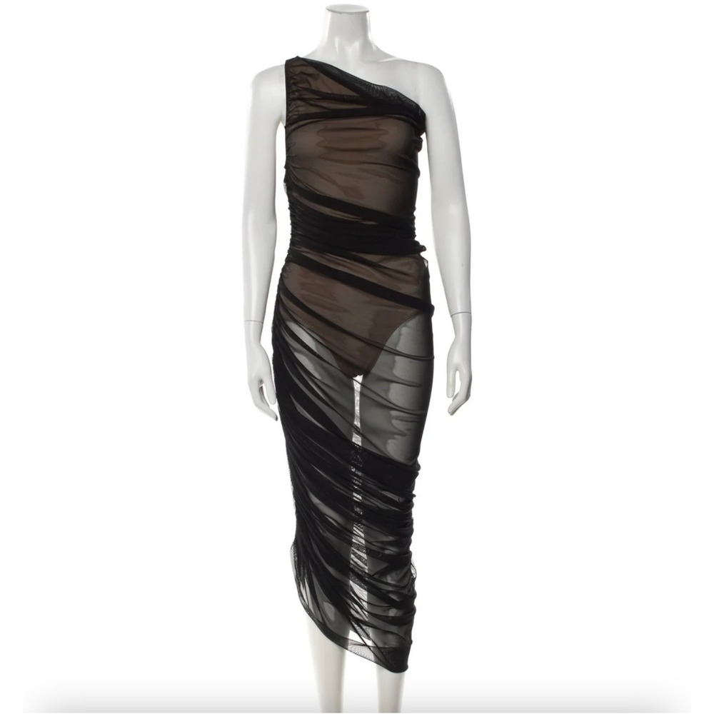 Norma Kamali One Shoulder Mesh Ruched Maxi Dress Womens XS Black Nude Designer